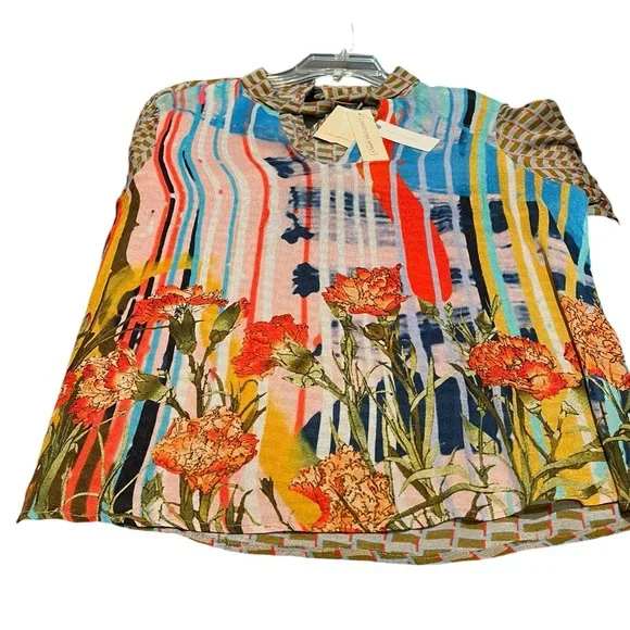 NWT Anthropologie blouse beautiful flower design on front checked back - Picture 3 of 8